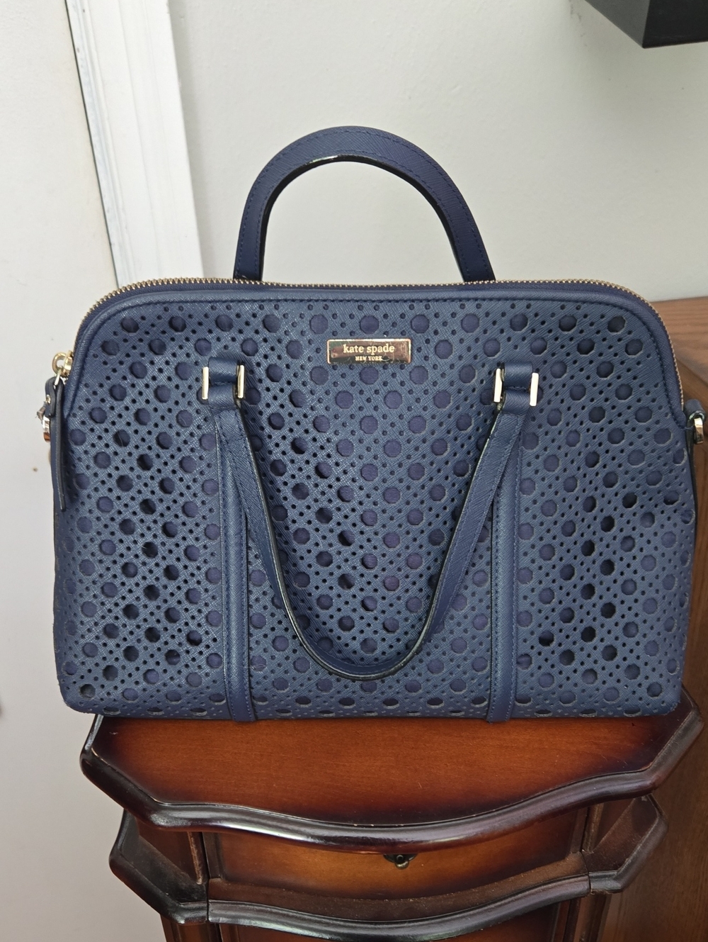 kate spade navy perforated leather satchel with gold-tone logo